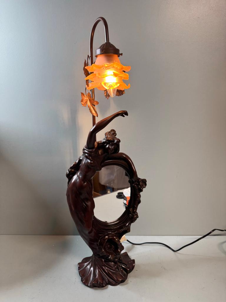 Zeldzame Art Nouveau Tafellamp met Vrouw en Spiegel, Ophalen