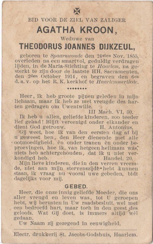 Agatha Kroon 1855 Spaarnwoude + 1914 Haarlem, 58 jaar, Verzenden