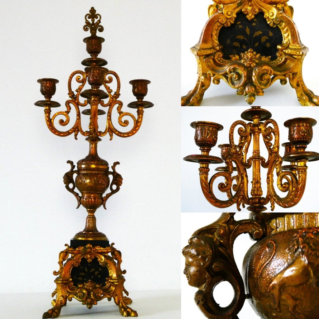 5 Armige barok kandelaar goudverguld kaarsendover minerva, Ophalen of Verzenden, Koper of Brons