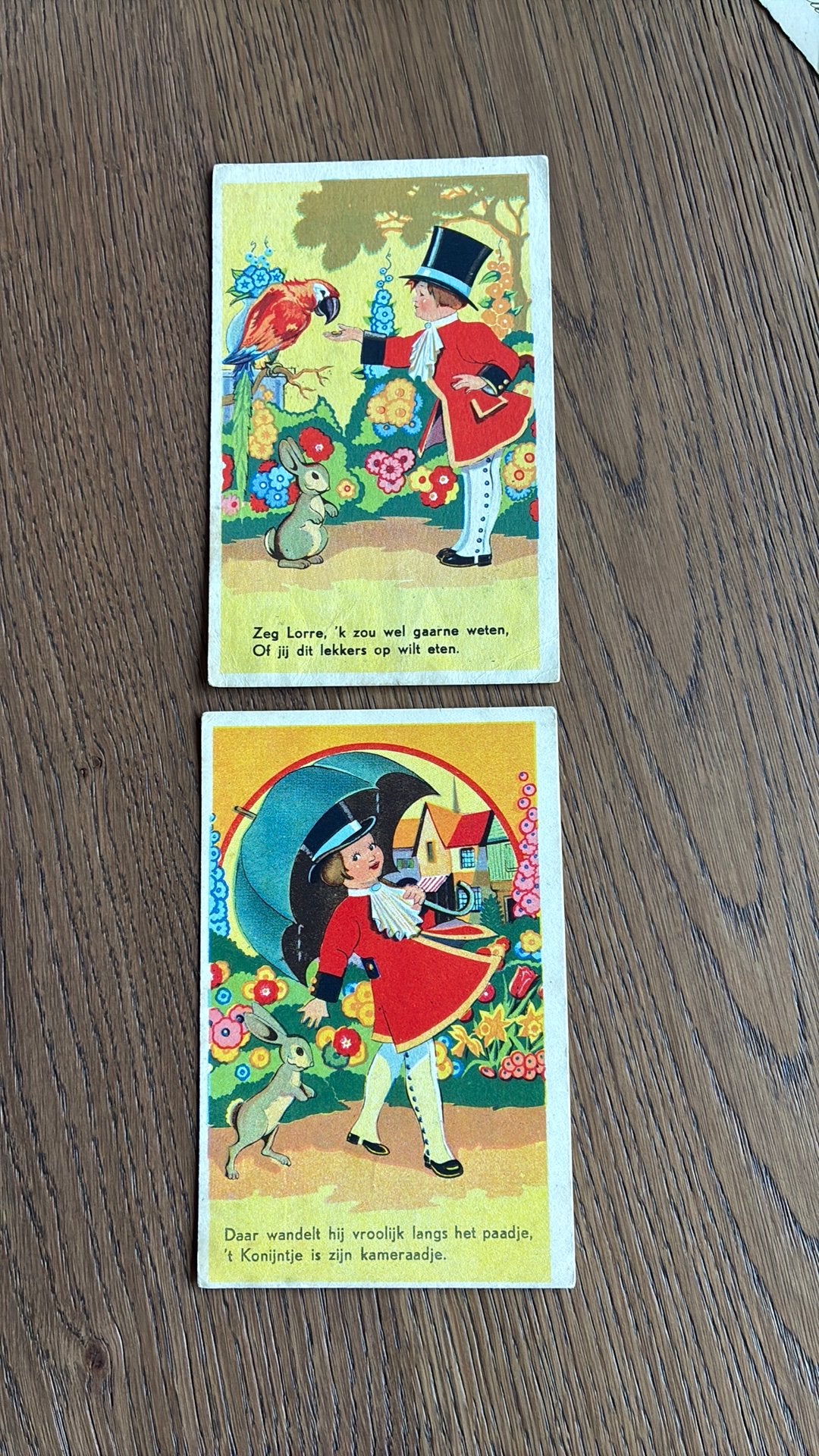 2 kinderkaarten met rijmpje. Papegaai, konijn, Ophalen of Verzenden, Overige thema's