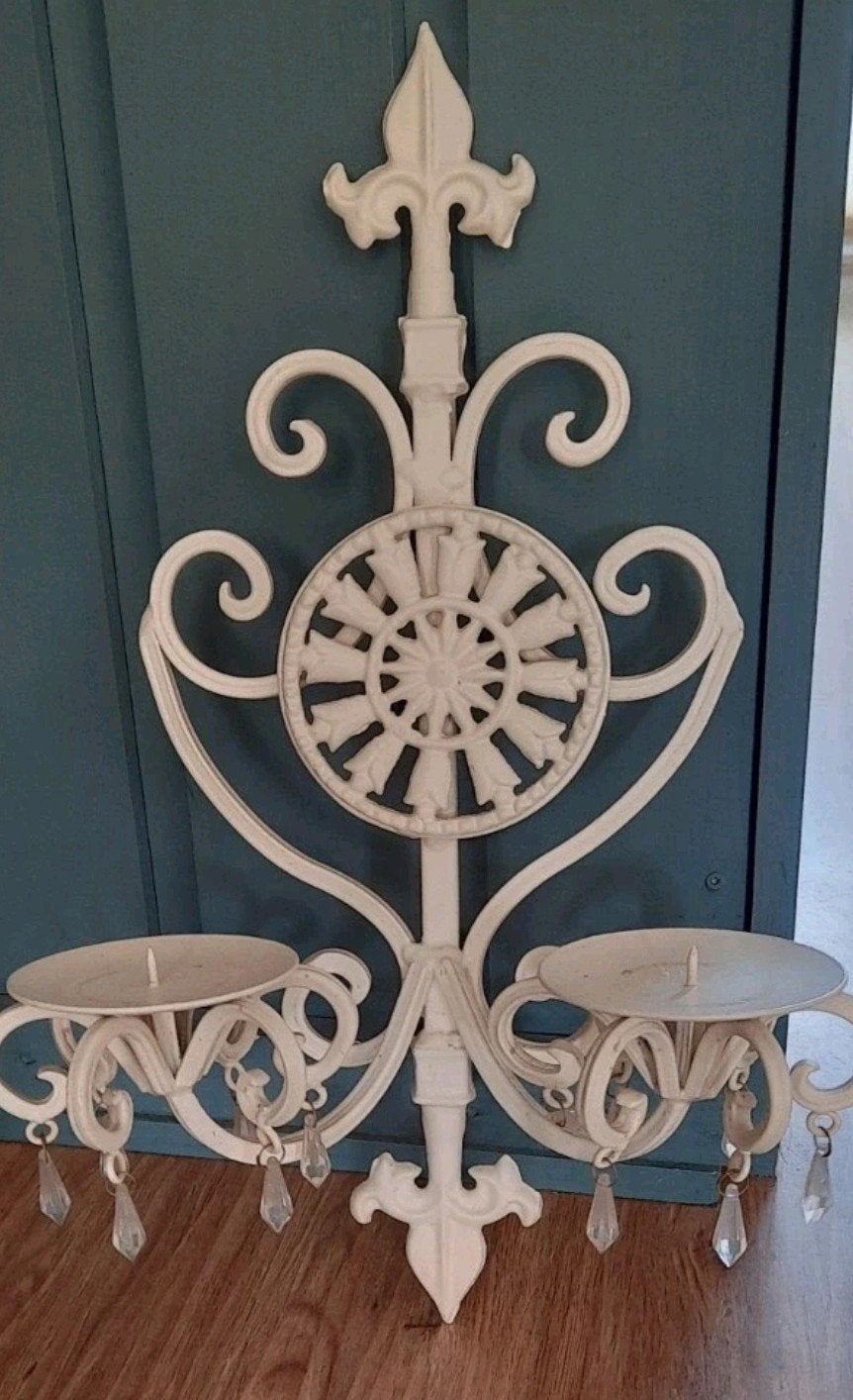 Vintage antiek brocante wandkandelaar metaal wit, Huis en Inrichting, Gebruikt, Wit, Ophalen of Verzenden, 49 cm