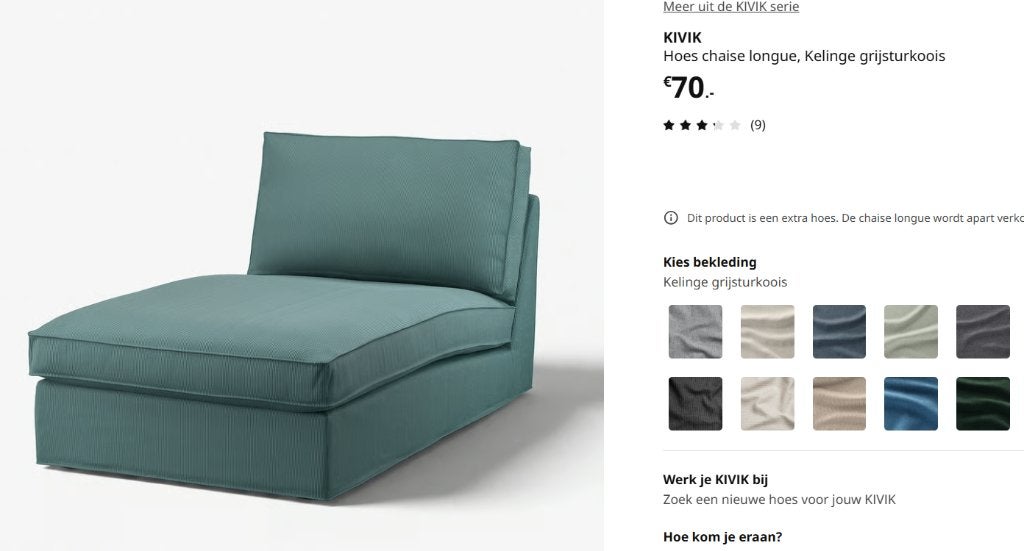 Ikea KIVIK Hoes voor chaise longue, Kelinge grijsturkoois, Huis en Inrichting, Ophalen, Nieuw, Overige maten, Minder dan 150 cm