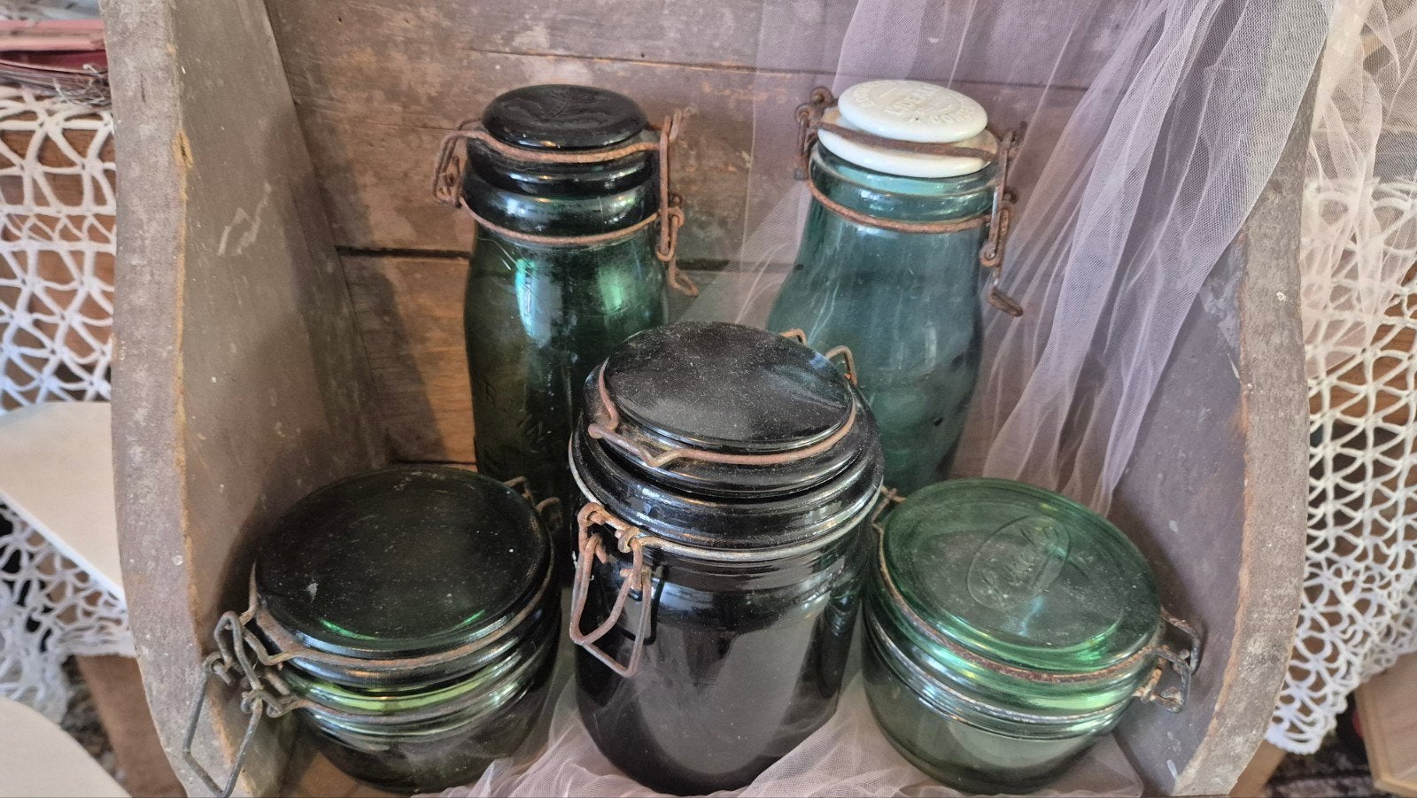 Set van 5 antieke weckpotten - groen glas, Ophalen of Verzenden