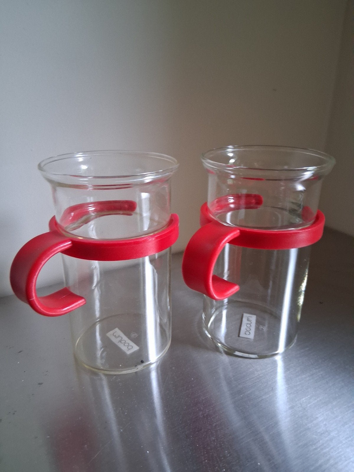 Vintage Bodum thee glazen met rode handgreep -  Set van 2, Bodum, Ophalen of Verzenden, Zo goed als nieuw, Rood