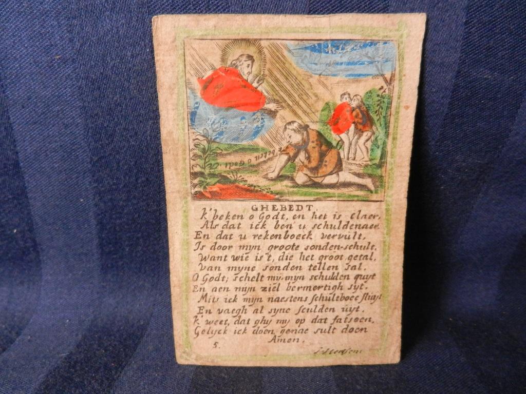 Gebedsprentje gravure handgekleurd ca 1750 hxb 9,5 x 6,7 cm, Antiek en Kunst, Kunst | Etsen en Gravures, 7 cm, Religie, 9 cm, Ophalen of Verzenden