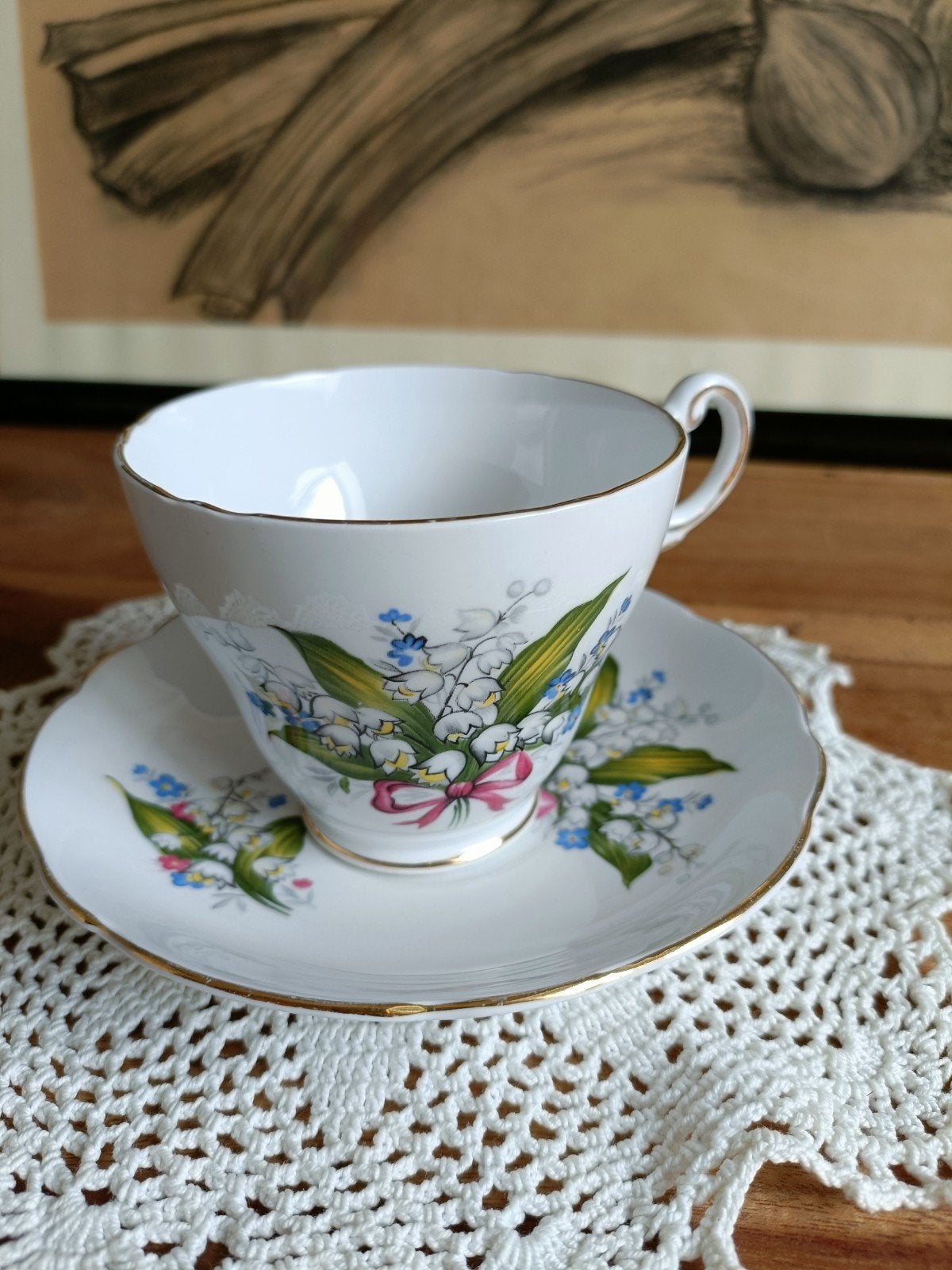 Regency English Bone China kop en schotel Lelietje-van-dalen, Antiek en Kunst, Ophalen of Verzenden