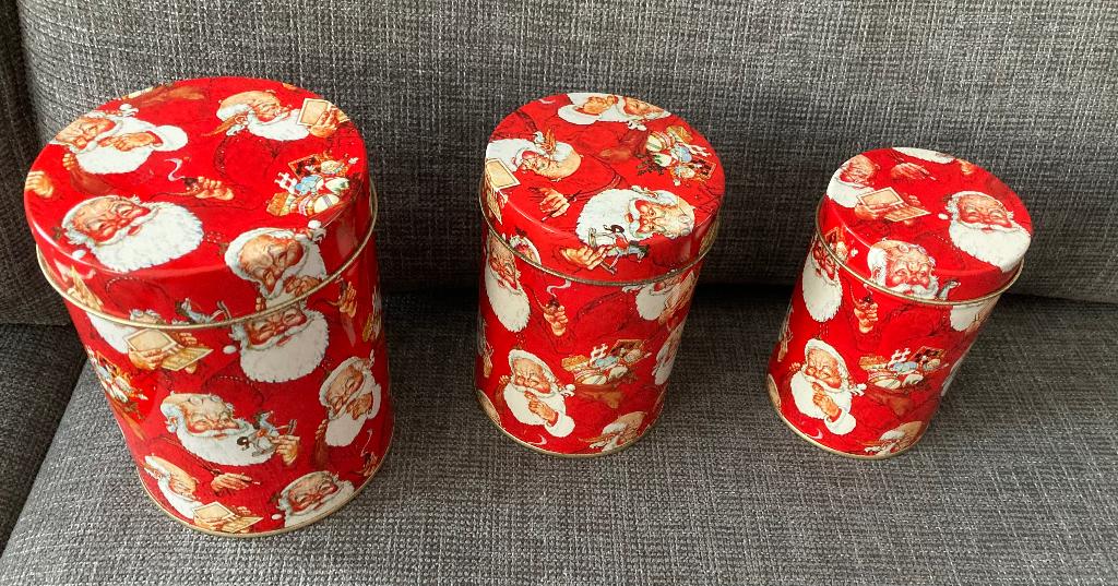 3 Kerst blikken met Kerstmannen (passen in elkaar), Ophalen of Verzenden, Gebruikt