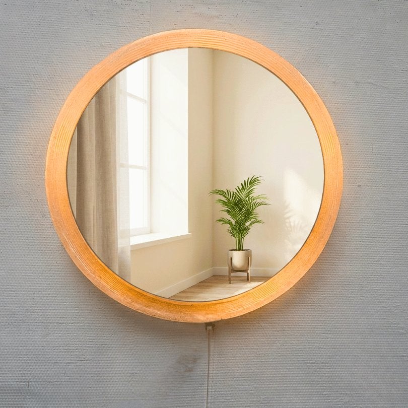 Vintage ronde spiegel verlicht ijsglas rand – Hillebrand, Ophalen, Zo goed als nieuw, Minder dan 100 cm, 50 tot 75 cm