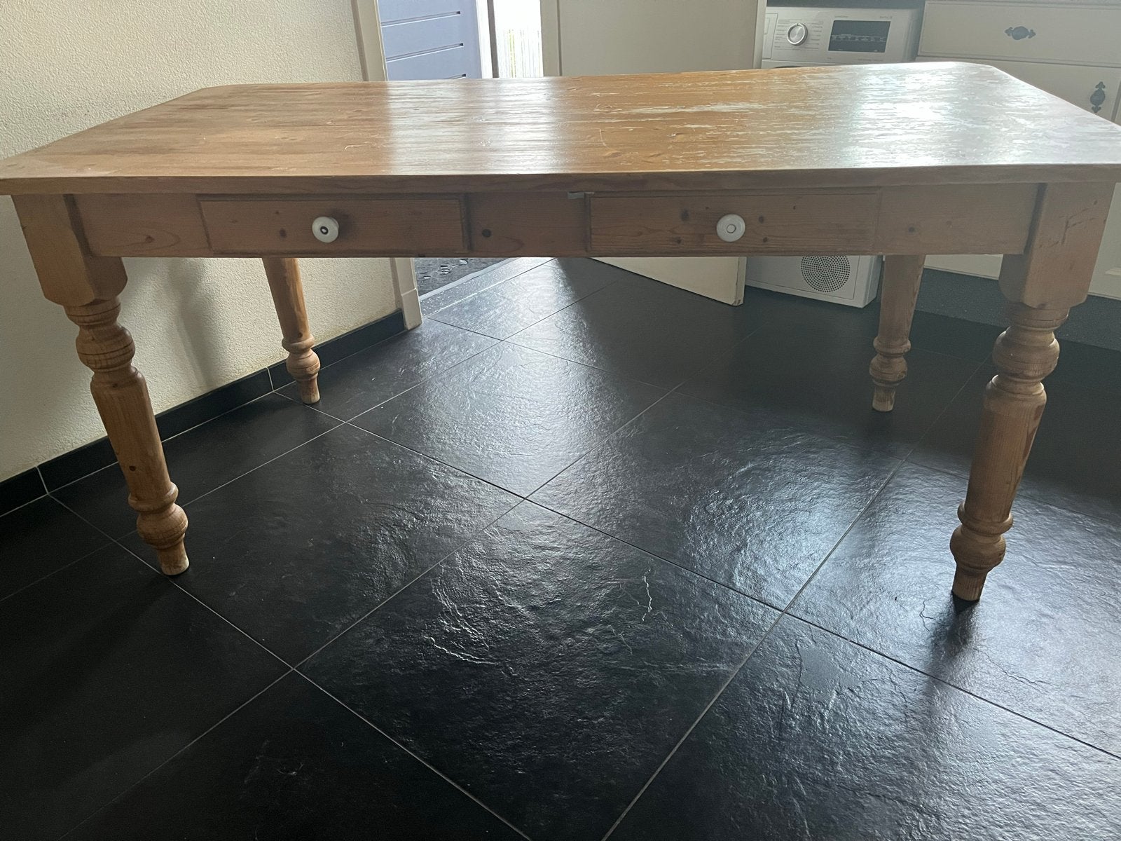 Brocante houten eettafel met lades, Ophalen, Gebruikt, 50 tot 100 cm, Vijf personen of meer