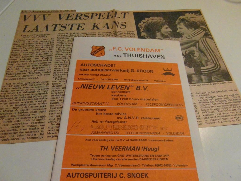 voetbal programma fc volendam fc VVV venlo 29 april 1979, Ophalen of Verzenden, Zo goed als nieuw, Overige binnenlandse clubs