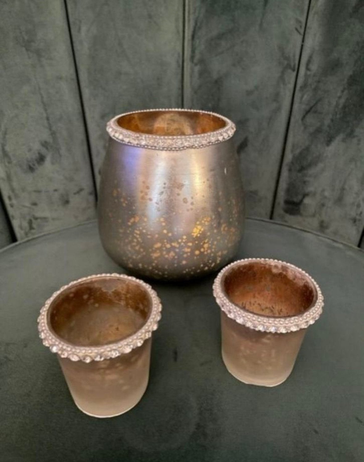 3 delig windlicht setje champagne goud kleur, Windlicht, Ophalen of Verzenden, 14 cm, Goud