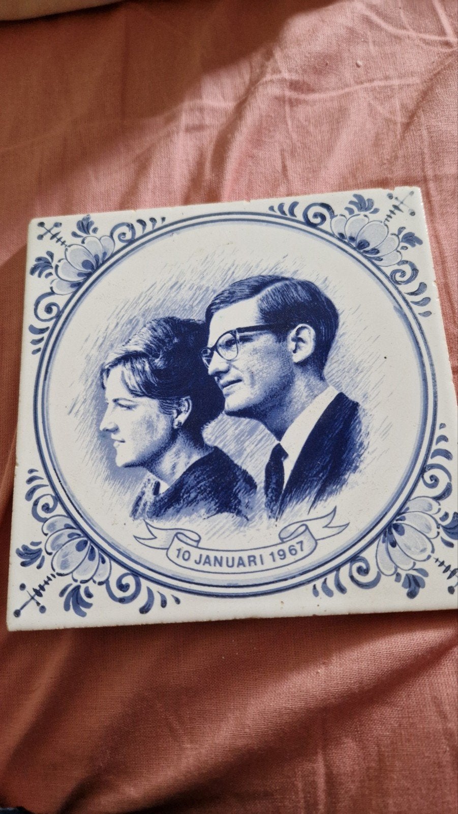 Delfts Blauw Tegel huwelijk Margriet en Pieter 1967, Ophalen of Verzenden