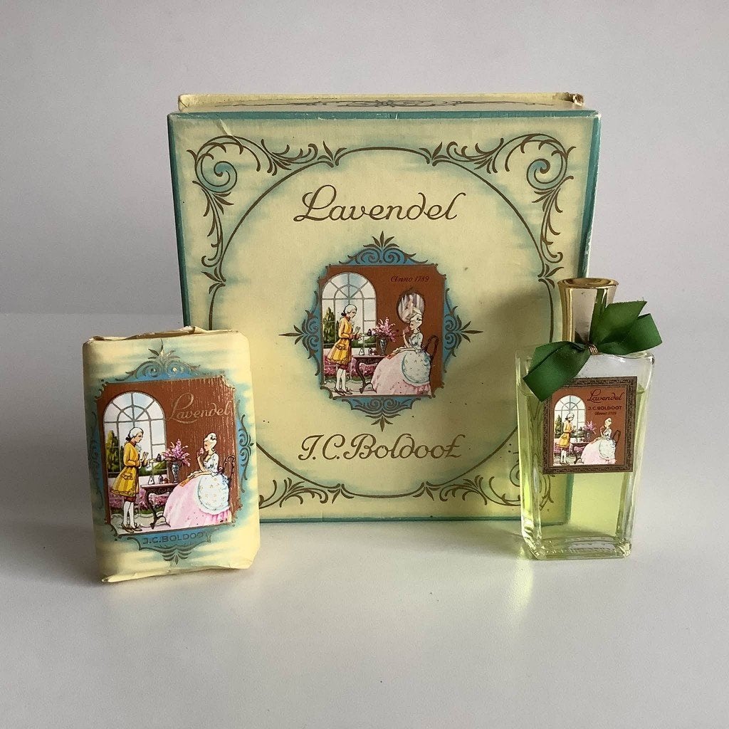 Prachtig vintage J.C. Boldoot Lavendel geschenksetje, Verzamelen, Ophalen of Verzenden, Zo goed als nieuw, Parfumfles, Gevuld