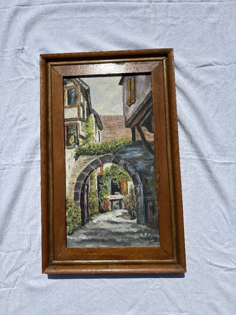 Twintigste-eeuws pittoresk doorkijkje met originele lijst, Ophalen, Doek, Impressionistisch, Bijzondere lijst