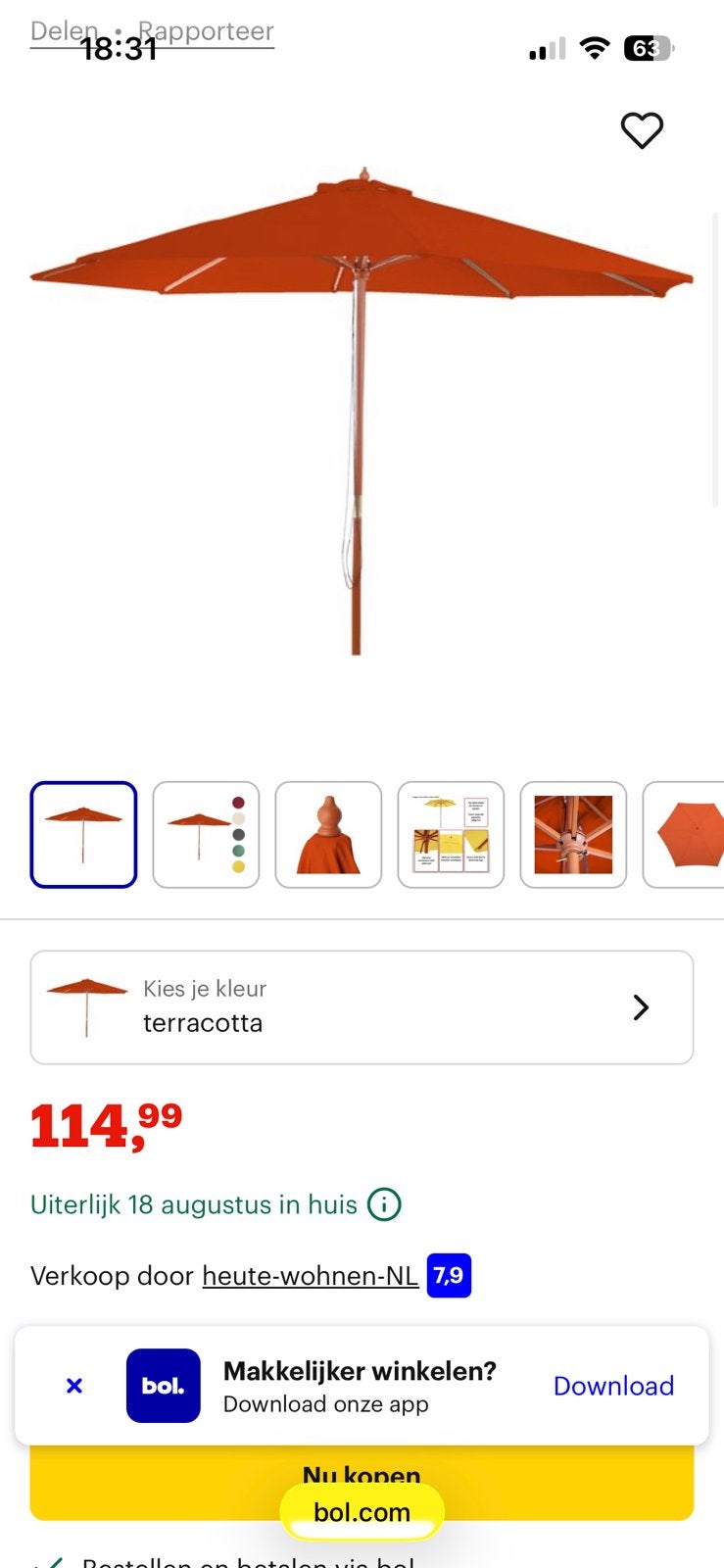 Parasol, terracotta, Tuin en Terras, Ophalen, Nieuw, 2 tot 3 meter, Stokparasol