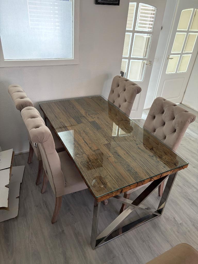 Eettafel set met stoelen, Huis en Inrichting, Tafels | Eettafels, Ophalen, Zo goed als nieuw, Rechthoekig, 50 tot 100 cm