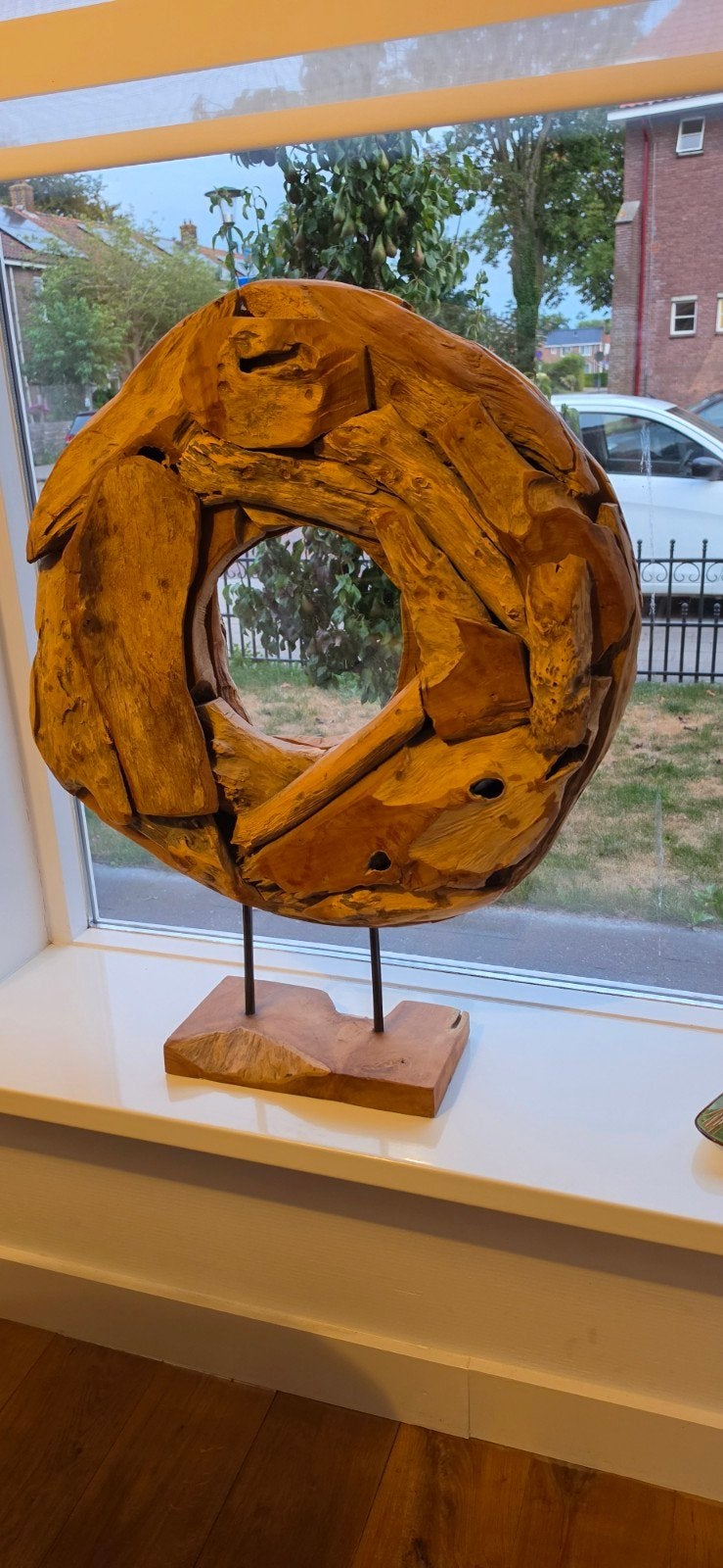 Rond Houten Kunstwerk op Sokkel - Abstracte Decoratie, Antiek en Kunst, Kunst | Beelden en Houtsnijwerken, Ophalen, 50 - 100 cm