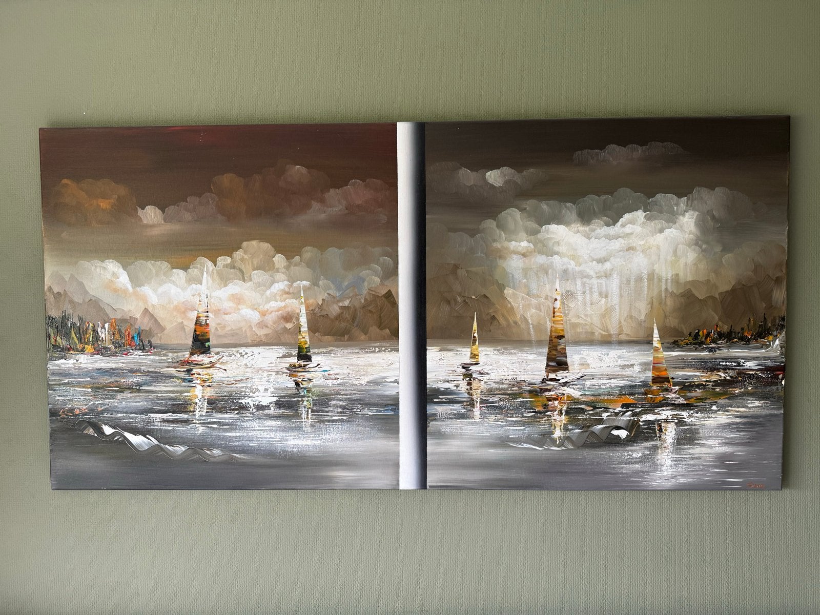 Handgemaakt, vernist schilderij, 140x70 cm, Antiek en Kunst, Ophalen, Maritiem / water, Olieverf, Gesigneerd