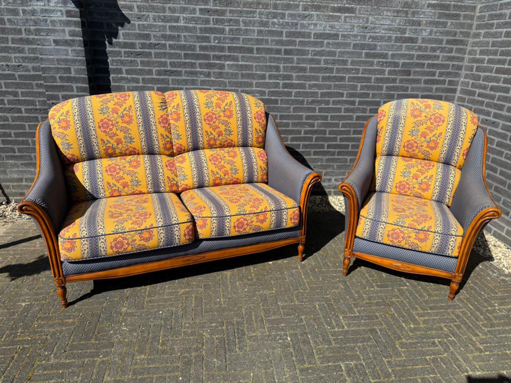 Vintige bank en fauteuil, Huis en Inrichting, Banken | Bankstellen, Gebruikt, Rechte bank, Tweepersoons, 75 tot 100 cm, Stof, Ophalen of Verzenden