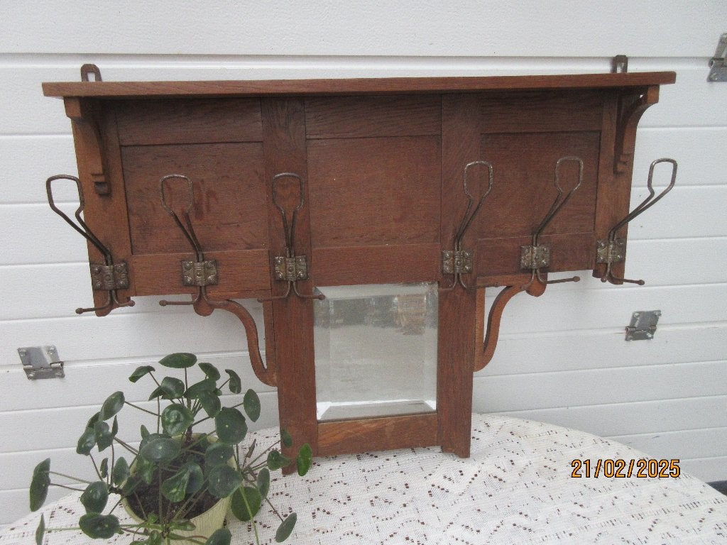 Oude kapstok met spiegel, geslepen glas en originele haken, Gebruikt, Minder dan 100 cm, Hout, Ophalen