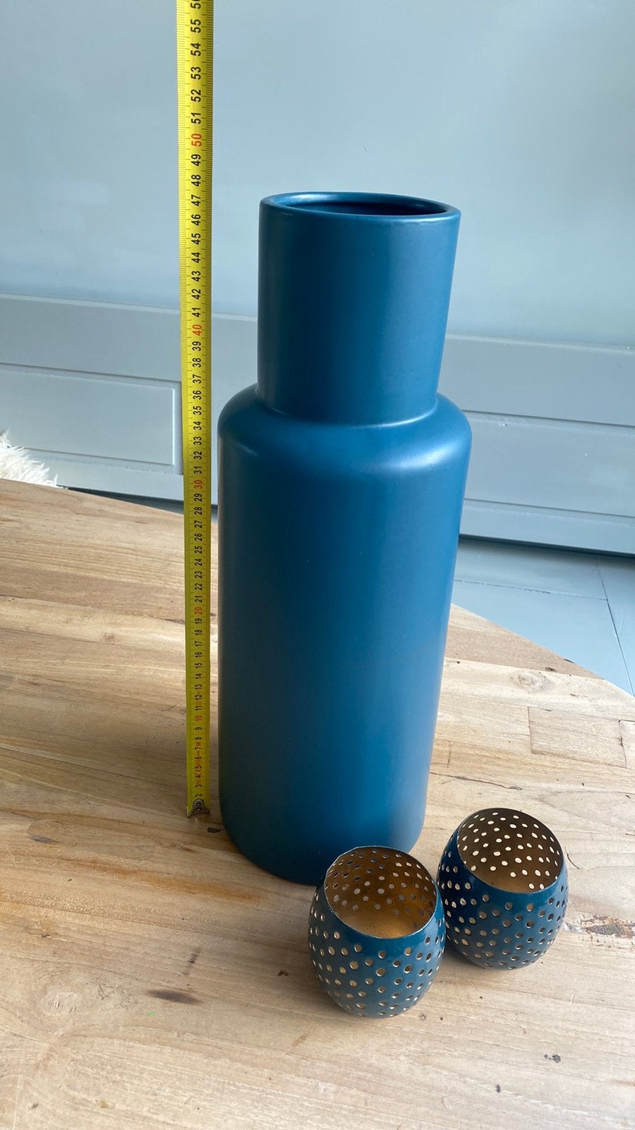 Grote petrol blue vaas & gratis theelichtjes, Huis en Inrichting, Ophalen of Verzenden, Zo goed als nieuw