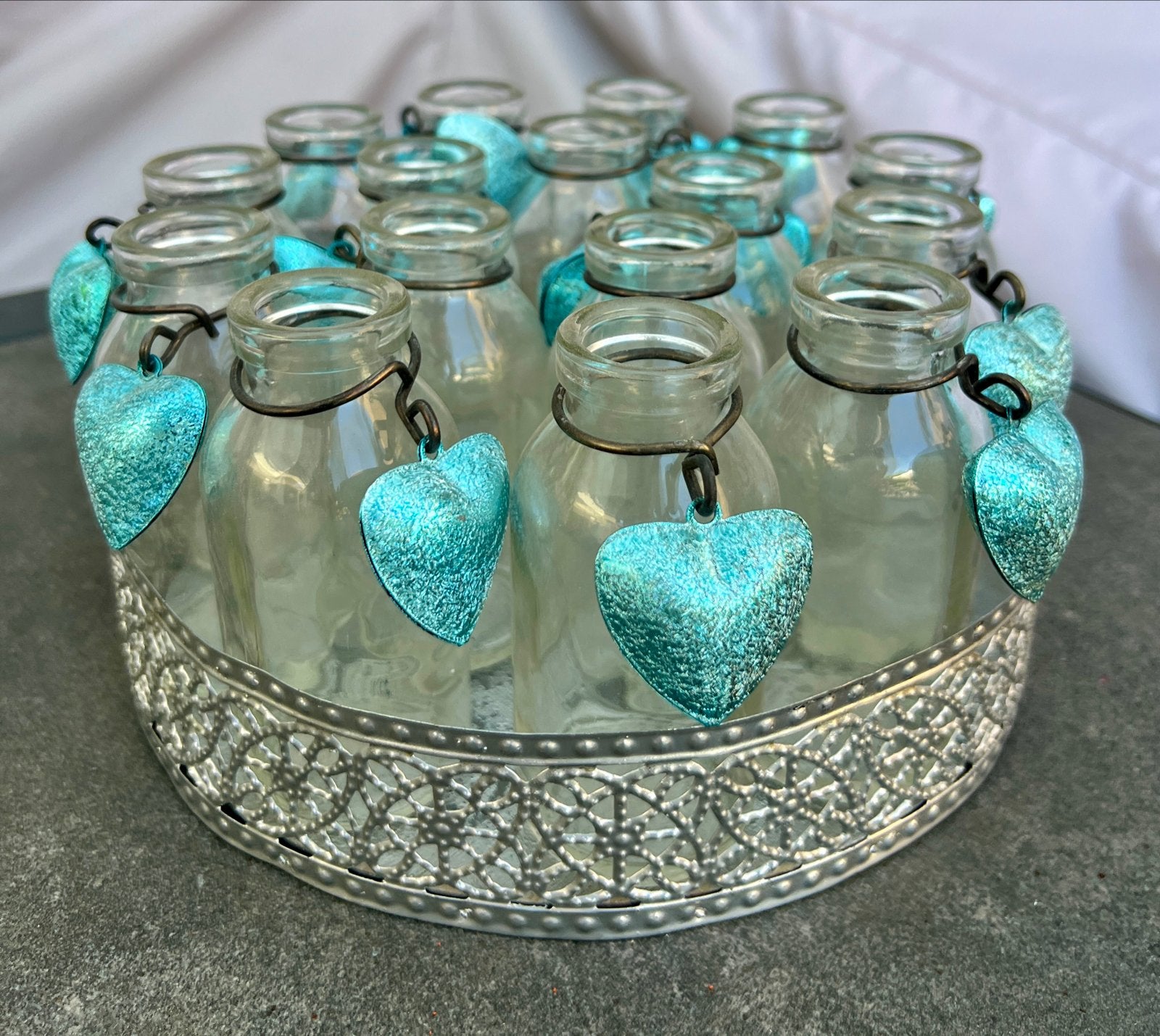 Vaasjes op dienblad met blauwe hartjes, Huis en Inrichting, 12 cm, Transparant, Ophalen of Verzenden, Glas