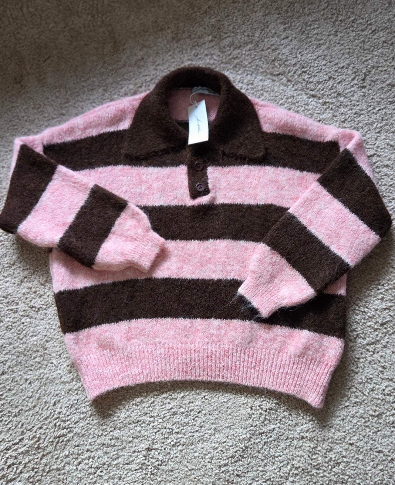 Ambika gestreepte polo trui bruin/lichtroze, Kleding | Dames, Truien en Vesten, Maat 38/40 (M), Bruin, Nieuw, Ophalen of Verzenden