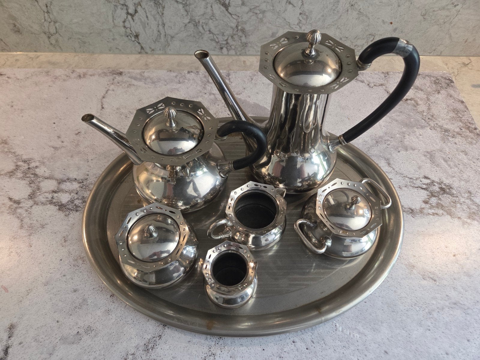 Vintage Verzilverd Koffie- en Theeservies met Dienblad, Ophalen of Verzenden
