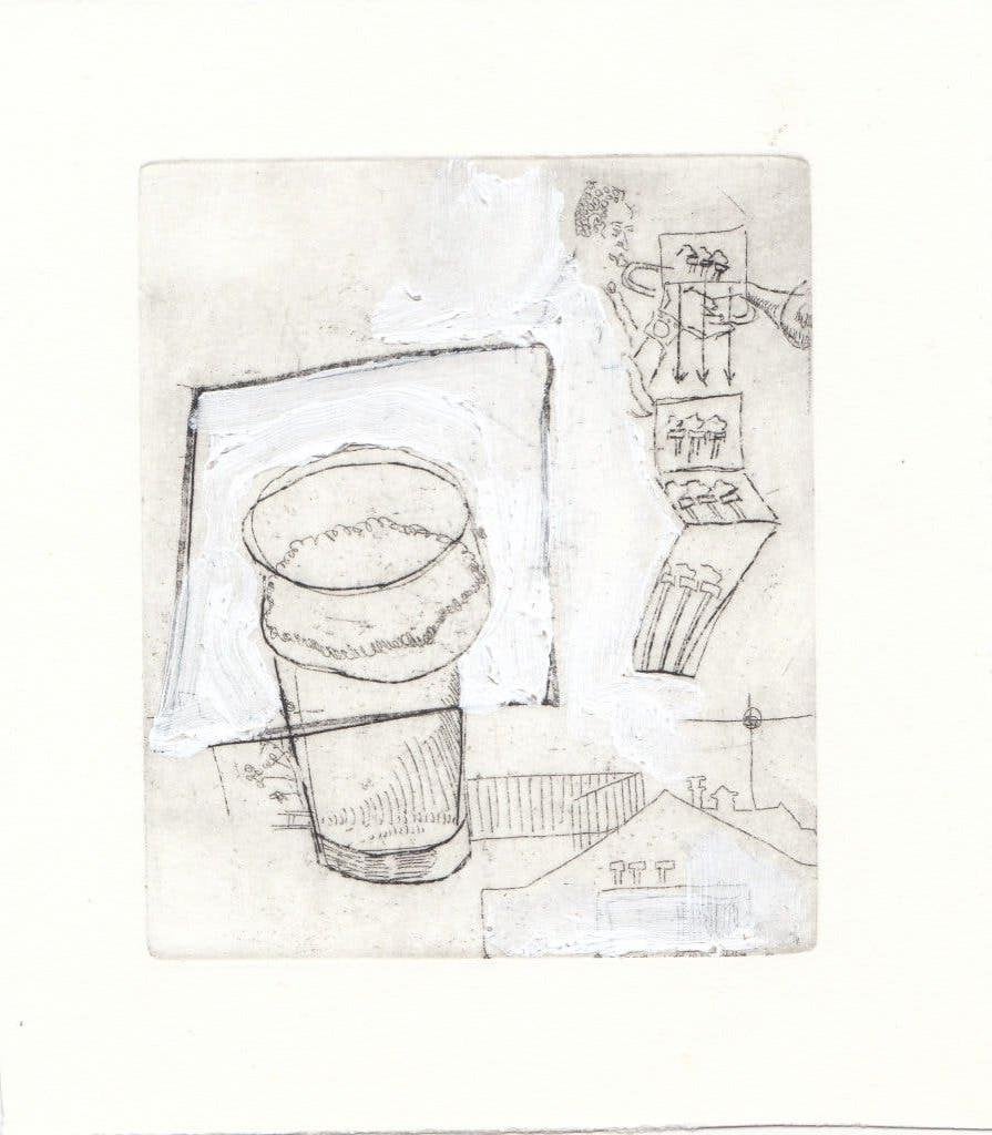 Ets bewerkt met verf met glas bier op dakterras jaren 90, Stadsgezicht, 17 cm, Ophalen of Verzenden, 15 cm