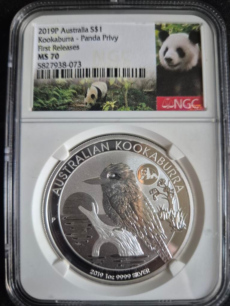 2019 P SILVER $1 AUSTRALIA NGC MS70 KOOKABURRA PANDA PRIVY, Postzegels en Munten, Ophalen of Verzenden, Zilver