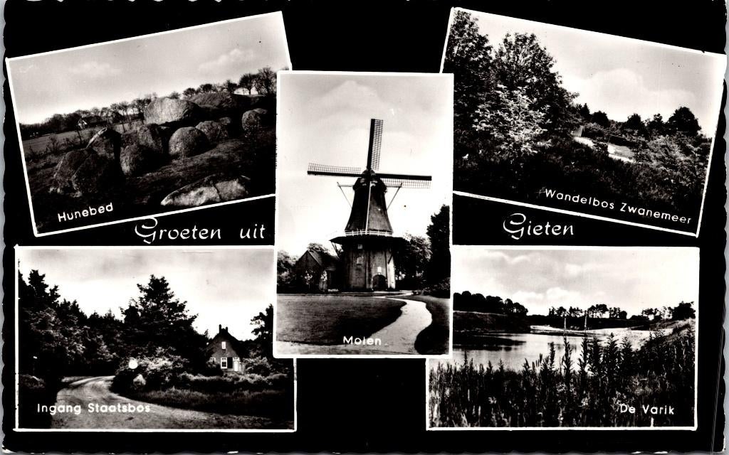 Gieten - 2 ansichtkaarten (1960), Verzamelen, Ophalen of Verzenden, 1940 tot 1960, Gelopen, Drenthe