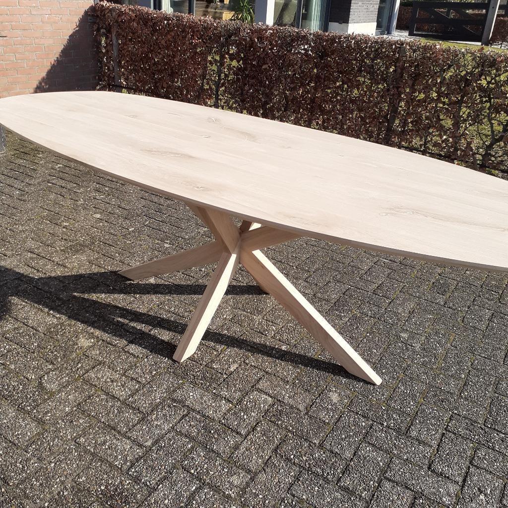 Deens ovale  eiken tafel met houten matrix onderstel 240x110, 100 tot 150 cm, Eikenhout, Ophalen of Verzenden, DEENS OVAAL