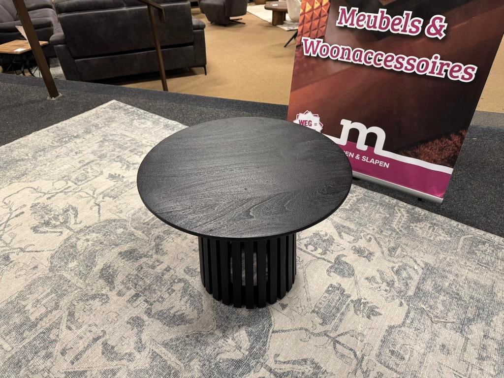 Salontafel Zundi Zwart Acaciahout Ø60cm Direct leverbaar, Ophalen, 50 tot 100 cm, #Salontafel#Acaciahout#Zwart#LattenØ60cm#Bijzettafel