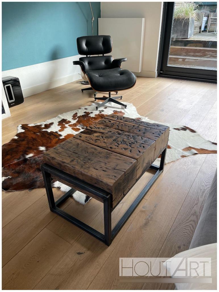 Salontafel oud eiken spoorbiels met stalen frame, Overige materialen, Info@hout-art.nl, Nieuw, Industrieel