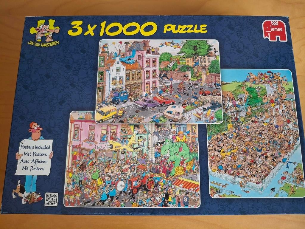 15,00 euro : Jan v Haasteren 3 puzzels in 1 doos, Ophalen of Verzenden, 500 t/m 1500 stukjes, Zo goed als nieuw, Legpuzzel