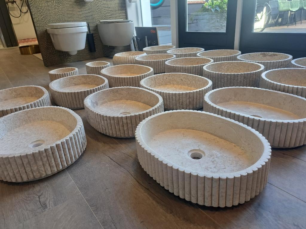 Irini waskom ovaal & rond voorraad leverbaar met streepjes, Huis en Inrichting, Minder dan 50 cm, Nieuw, Ophalen of Verzenden