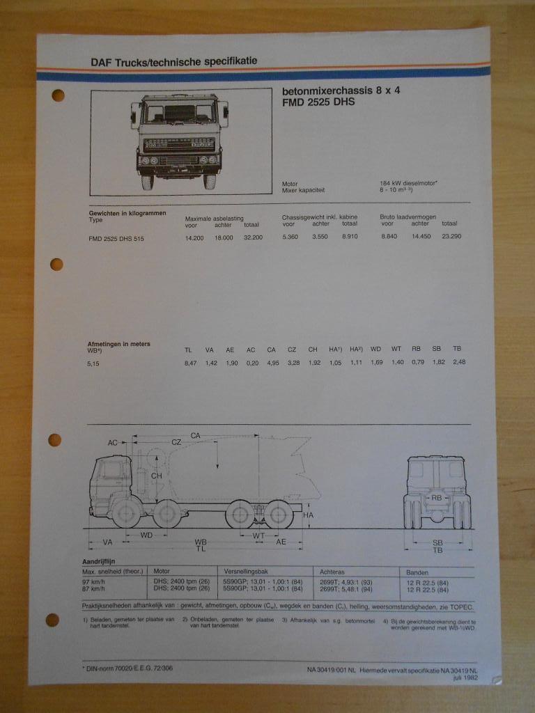 DAF FMD 2500 DHS Technische Specificatie Folder 1982 – 8x4, Ophalen of Verzenden, Zo goed als nieuw, Overige merken, DAF