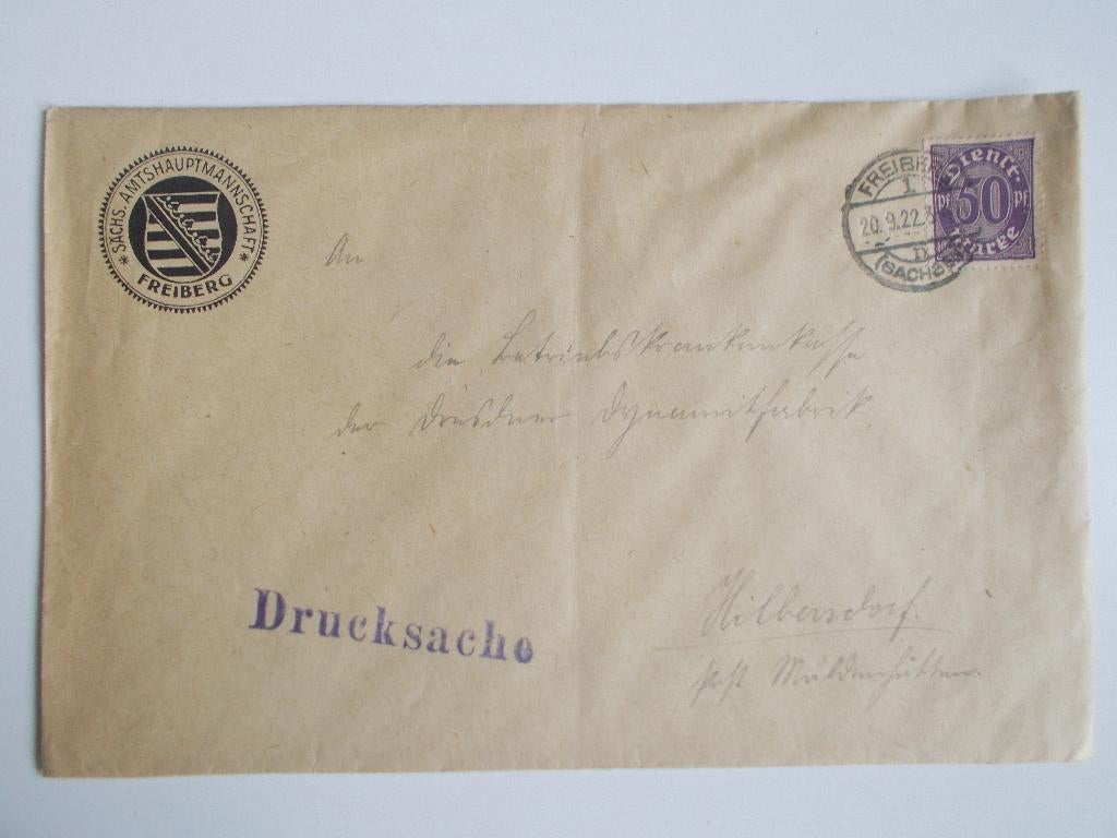 Duitse Rijk, Dienstenvelop Amtshauptmannschaft Freiberg 1922, Ophalen, Envelop