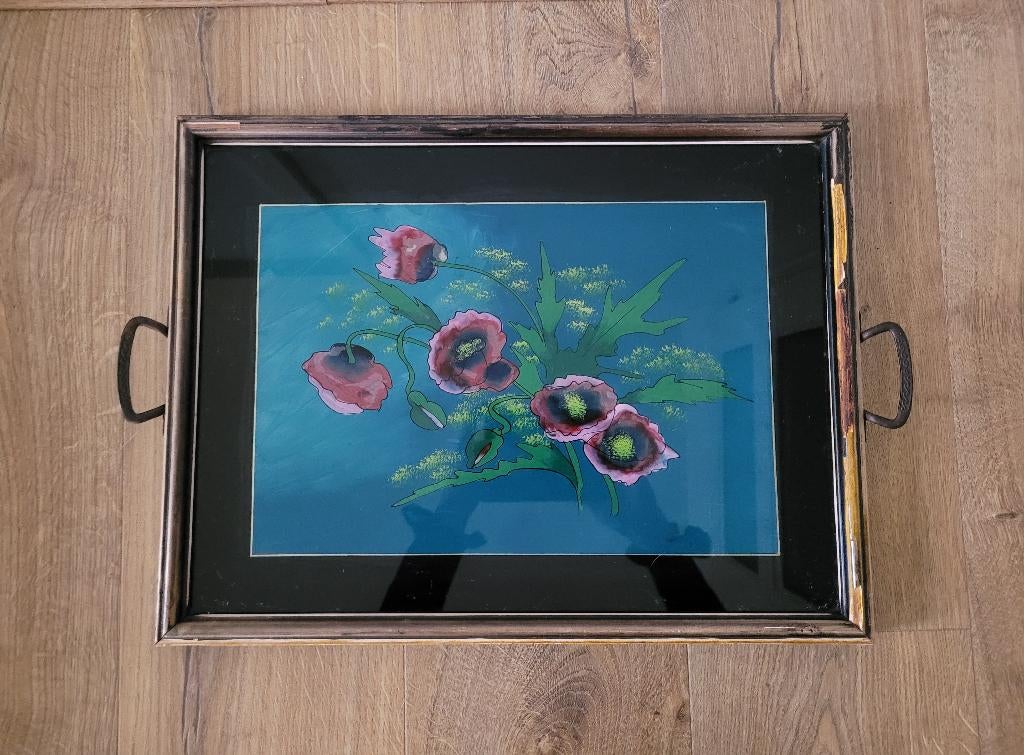 Art Nouveau dienblad met achterglas Schildering bloemen, Antiek en Kunst, Ophalen of Verzenden
