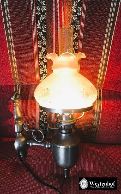 Brocante olielamp - wandlamp - elektrische olie lamp antiek, Ophalen of Verzenden, Gebruikt, Glas