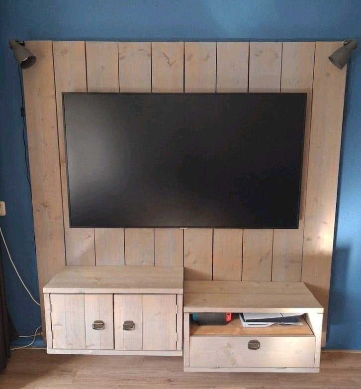 TV-meubel/wandmeubel van steigerhout met opbergkasten, Ophalen, Gebruikt, 200 cm of meer, 150 tot 200 cm