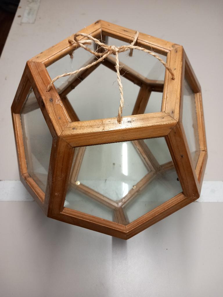 Houten lamp, Huis en Inrichting, Lampen | Hanglampen, Ophalen of Verzenden, Gebruikt, Glas, Stijlvol