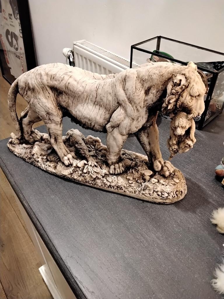 Tijger beeld met welp uit mexico 35cm breedte, Ophalen of Verzenden