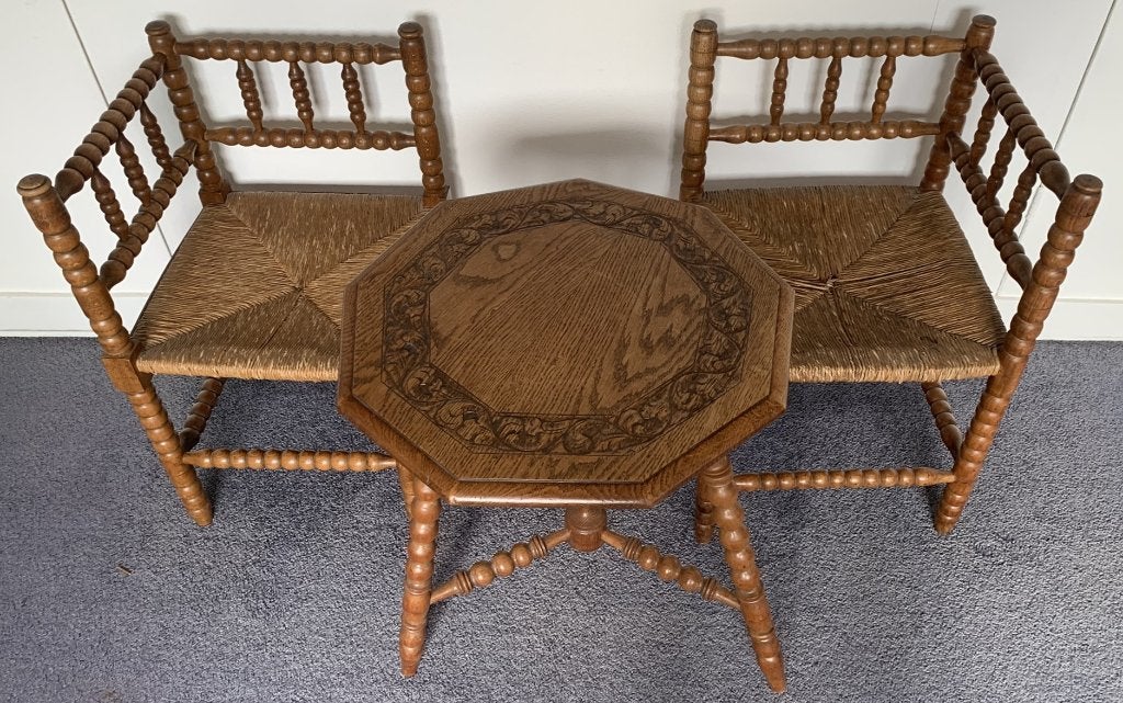 Set van twee hoekstoeltjes met bijpassend tafeltje, Huis en Inrichting, Ophalen, Twee, Bruin, Hout