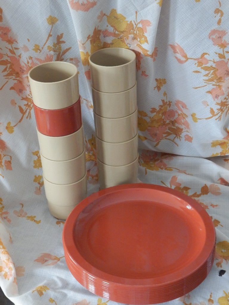 retro, 10 bekers campingservies- picknickbekers, Ophalen of Verzenden, Huis en Inrichting