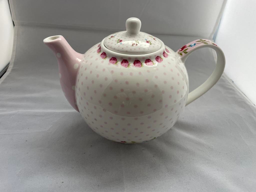 High Tea Theepot - Bone China Porselein, Roze Stippen, Overige typen, Ophalen of Verzenden, Zo goed als nieuw, Overige stijlen