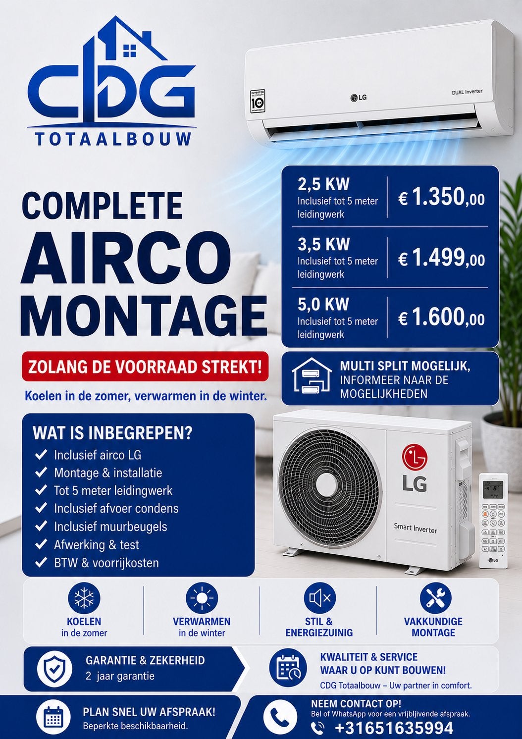 LG airco inclusief montage, Ophalen, Koelen en Ontvochtigen, Timer, Nieuw