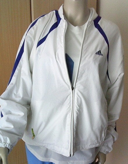 VINTAGE Adidas jas jack wit/blauw maat L, Maat 42/44 (L), Gedragen, Meerkleurig, Verzenden