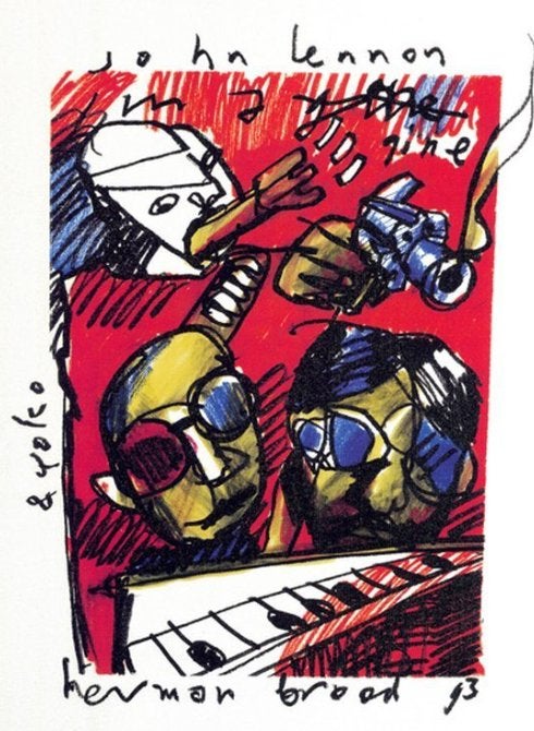 John Lennon & Yoko uit zeldzame 'Popserie' van Herman Brood., Rechthoekig Staand, Ophalen of Verzenden, Zo goed als nieuw, A1 t/m A3