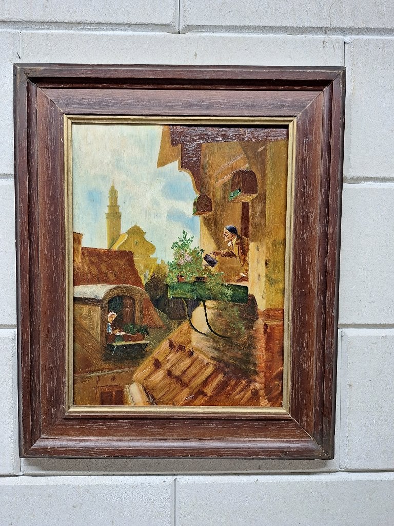 Personen geven bloemen water, Antiek en Kunst, Kunst | Schilderijen | Klassiek, Paneel, Ophalen of Verzenden, Olieverf, Klassiek